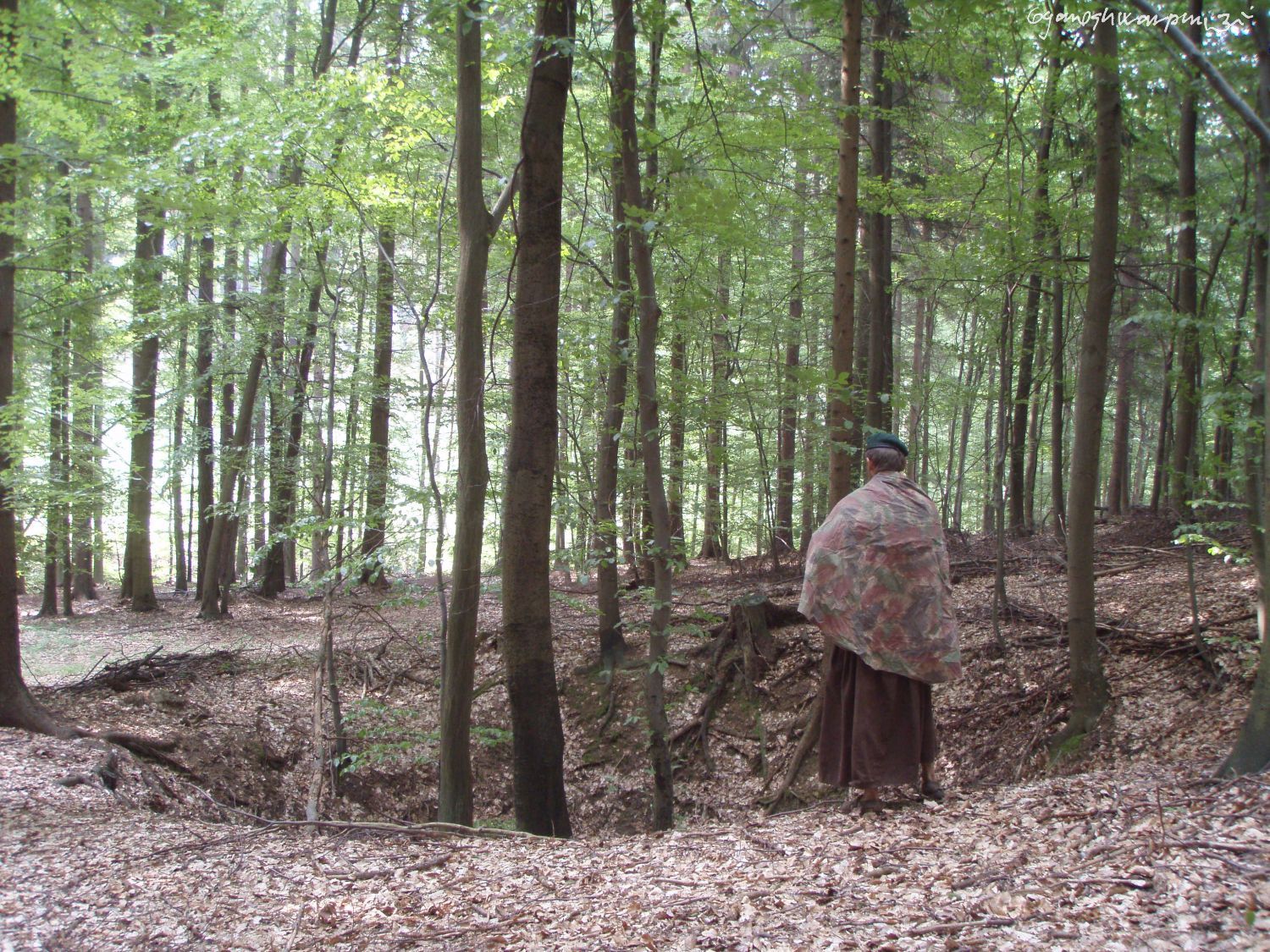 Závrt nad Gotickou chodbou Býčí skály.  Foto: Marek Gyaneshwarpuri, samospoušť 2008.