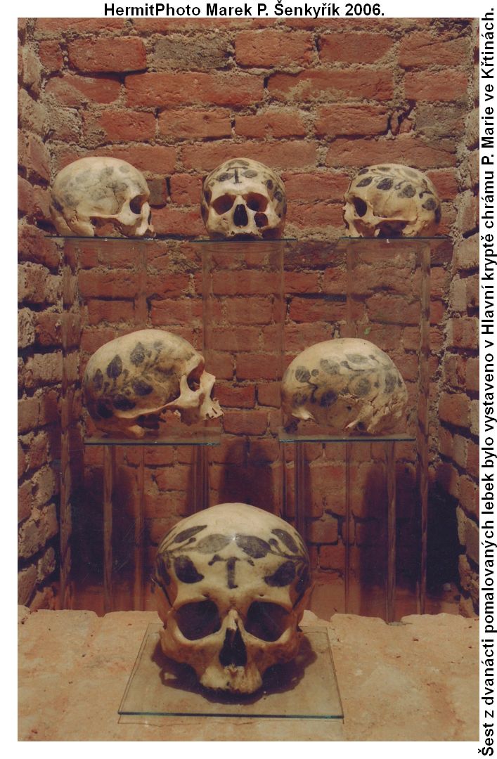 Šest z dvanácti pomalovaných lebek bylo vystaveno v Hlavní kryptě chrámu Panny Marie ve Křtinách. Foto: Marek P. Šenkyřík 2006.